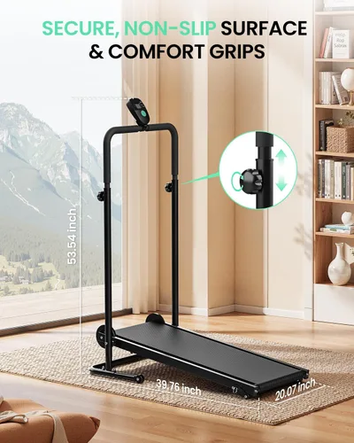 Miniatura 3 de AKLUER Non-Electric Treadmill with Dual Flywheel - Fixed Incline, Soft Foam Grips, Non-Slip Belt, LCD Monitor, Compact Foldable for Home/Gym Use