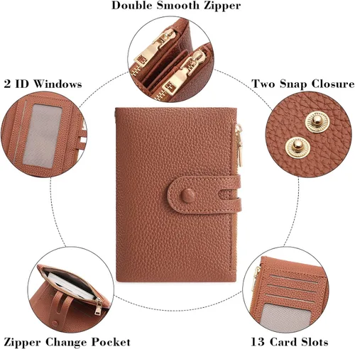 Miniatura 4 de FALAN MULE Cartera pequeña de cuero para mujer, con bloqueo RFID, tarjetero plegable con bolsillos dobles con cremallera, Marrón claro