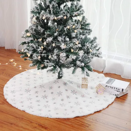 Miniatura 5 de Falda de árbol de Navidad de 30/36/49 pulgadas, faldas de árbol de Navidad blancas bordadas con copos de nieve para decoraciones de Navidad, fiestas