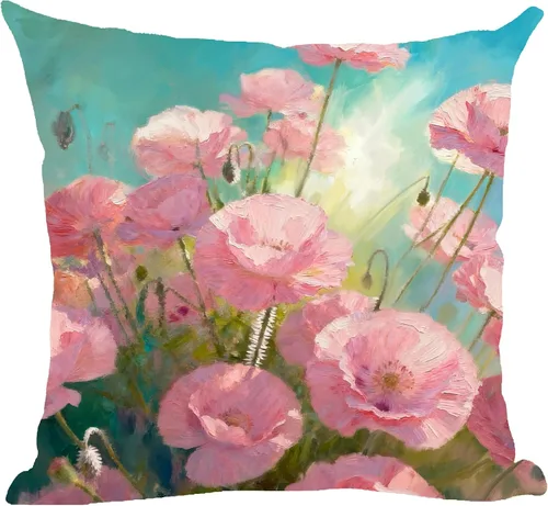 Ramirar Pintura al óleo de tinta acuarela flores de amapola rosa cielo azul verano funda de almohada decorativa para el hogar, sala de estar, cama,