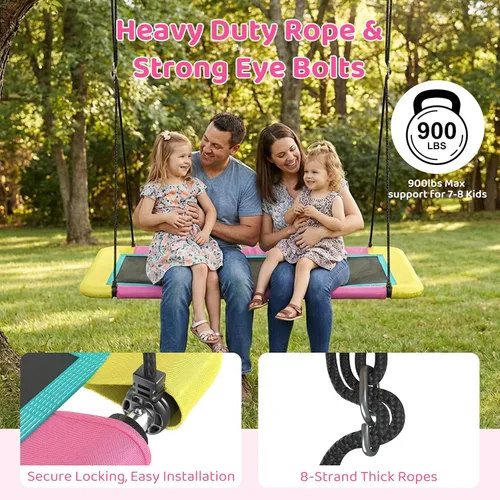 Miniatura 4 de Columpio de árbol de plataforma rectangular de 60 pulgadas para niños y adultos, columpio volador gigante con correa ajustable para colgar, tela