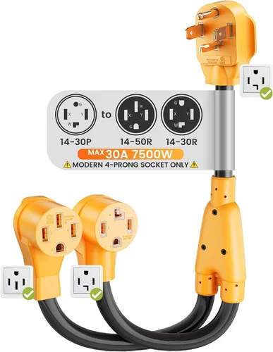 MECMO NEMA 14-30P a 14-50R EV y 14-30R Divisor de salida de secadora de 4 clavijas solo para receptáculos modernos 14-30R, un dispositivo a la vez