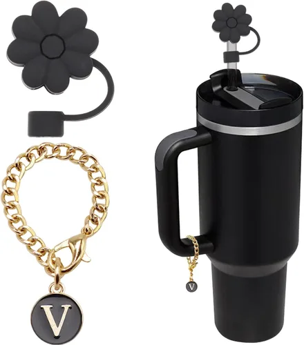 Miniatura 13 de Accesorios para taza Stanley, 1 pieza Cubierta de pajita de silicona con flor para pajita Stanley de 30 y 40 oz con asa y 1 pieza dije con letra