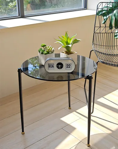 Miniatura 9 de Mesa auxiliar moderna redonda con patas de metal con tapa de vidrio templado, 19.8 pulgadas, color marrón