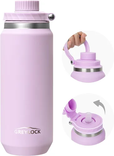 Miniatura 12 de GREYLOCK Botella de agua aislada de 24 onzas con tapa con popote, botella de acero inoxidable reutilizable a prueba de fugas, fría y caliente las 24
