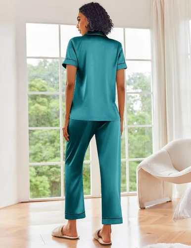 Miniatura 5 de Ekouaer Conjunto de pijama de satén de seda para mujer, ropa de dormir de manga corta, suave y con botones