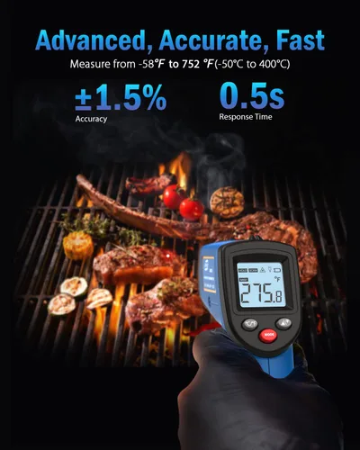 Miniatura 2 de Termómetro infrarrojo, pistola de temperatura digital para cocinar -58~752 ℉, con emisividad ajustable y medida de temperatura máxima, mínima