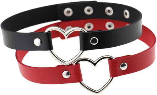Miniatura 4 de FM FM42 Multicolor PU Simulated Leather Heart Ring Collar Choker Necklace 17.72" Length