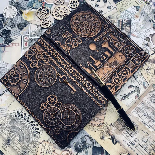 Miniatura 5 de Diario de Escritura de Cuero Repujado con Tren Vintage con Juego de Bolígrafos, Libreta Diaria Antigua Hecha a Mano Cuaderno de Bocetos, Diarios