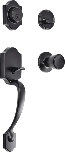 Amazon Basics - Juego de manijas con perilla tulipán y cerradura monocilíndrica para puertas, en acabado color negro mate
