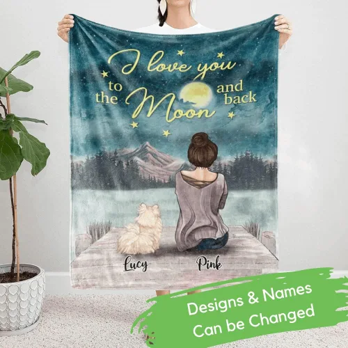 Miniatura 2 de Gossby Manta de forro polar personalizada con texto en inglés «I Love You to the Moon & Back» – Amante de perros, avatar, nombre – Día de la Madre