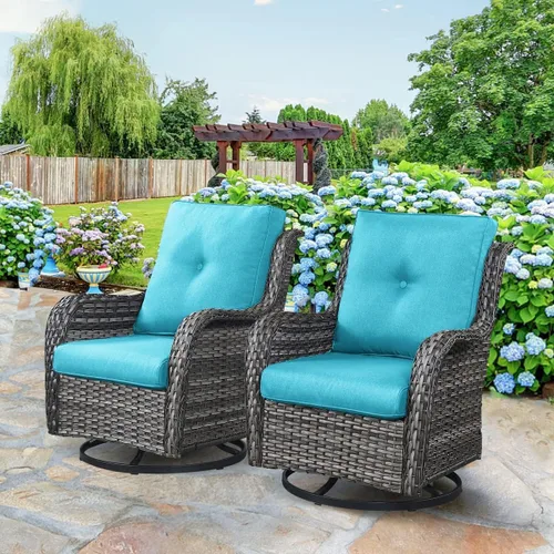 Miniatura 18 de HUMMUH Sillas Mecedoras Giratorias de Mimbre para Patio Exterior con Respaldo Alto, Sillas Deslizantes de Ratán PE, Juego de Muebles de Patio de 4