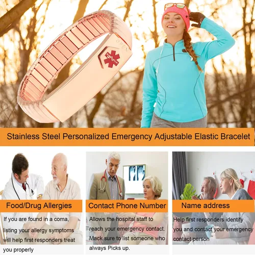 Miniatura 16 de Pulsera de alerta médica para hombres y mujeres, pulsera de identificación médica ajustable ajustable de acero inoxidable para diabetes, alergias