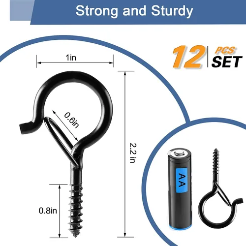 Miniatura 5 de ADIIL 12 ganchos Q con hebilla de seguridad, ganchos de tornillo resistentes al viento para colgar luces de cadena al aire libre, plantas, luces