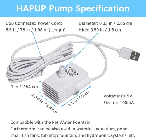 Miniatura 5 de HAPUP Bomba de fuente de agua para gatos, silenciosa, DC5V, original, bomba de repuesto para fuente de bebida para mascotas (170 L/H) con cable