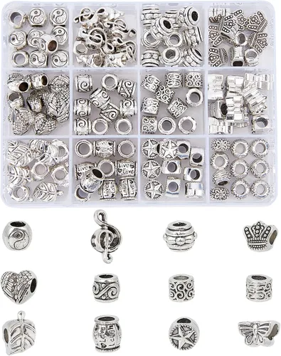 Miniatura 9 de NBEADS 80 cuentas espaciadoras de agujeros grandes estilo tibetano, 8 formas de cuentas africanas de bronce antiguo, cuentas de aleación europea