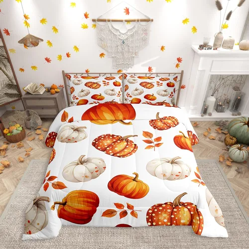 Miniatura 31 de Erosebridal Juego de edredón individual de pavo de Acción de Gracias, juego de ropa de cama de calabaza con hojas de otoño para niños y adultos