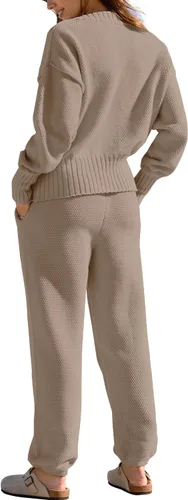 Miniatura 5 de Yanekop Conjunto de dos piezas para mujer con cuello en V y botones y suéter de punto acogedor