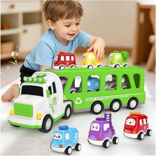 Camión de juguete 7 en 1 para niños de 1, 2, 3, 4, 5 años, camión transportador ecológico de 17 pulgadas más largo con 6 bonitos autos y tapete de
