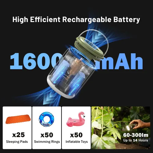 Miniatura 4 de Bomba de aire eléctrica portátil pequeña para inflables y viajes con luz de campamento - Mini inflador inalámbrico de 4.5 KPa, batería recargable