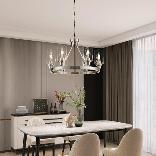 Miniatura 3 de Lanhall - Lámpara moderna de 6 luces para comedor, lámpara de techo en níquel cepillado para cocina, candelabro colgante con pantalla de vidrio
