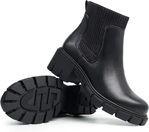 Miniatura 6 de JABASIC Botas de tobillo gruesas para mujer, botas Chelsea elásticas