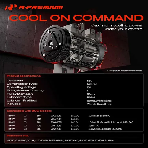 Miniatura 2 de A-Premium Compresor de aire acondicionado con embrague compatible con BMW X1 2012-2015, X4 2015, Z4 2012-2016, L4 2.0L