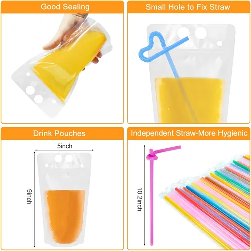 Miniatura 3 de Ozera Bolsas para bebidas, 100 bolsas reutilizables de 16 onzas para adultos, bolsas resistentes para adultos con embudo de pajita, bolsas de jugo