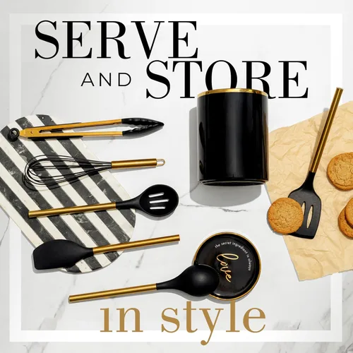 Miniatura 4 de STYLED SETTINGS Juego de Utensilios de Cocina Negros y Dorados – 8 Piezas de Utensilios de Cocina de Silicona con Mangos Dorados, Soporte