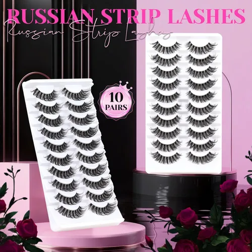 Miniatura 8 de Veleasha Pestañas rusas postizas con banda transparente que parecen extensiones de pestañas, tiras de pestañas con curvatura D, paquete de 10 pares