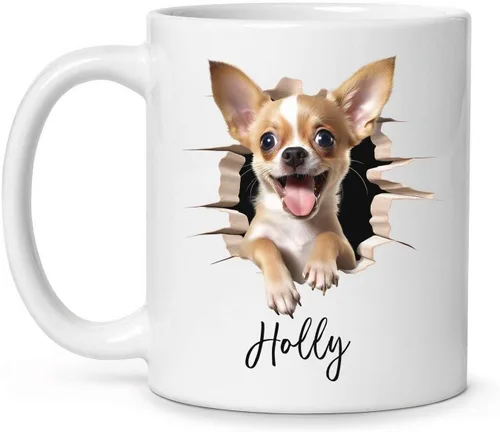 Tazas de café con nombre personalizado único y emocionado Chihuahua rompió la pared, tazas de café personalizadas para perros, regalo para niños,