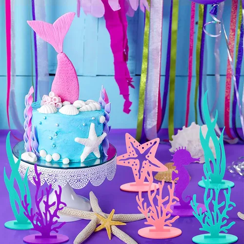 Miniatura 7 de Prasacco 22 piezas de decoraciones de cumpleaños de sirena, centro de mesa de fieltro, decoración de fiesta bajo el mar, caballito de mar, algas