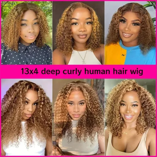 Miniatura 6 de Peluca rizada de 12 pulgadas estilo Bob, de pelo humano, onda profunda 13x4, encaje frontal de alta definición, para mujeres negras; pelo humano
