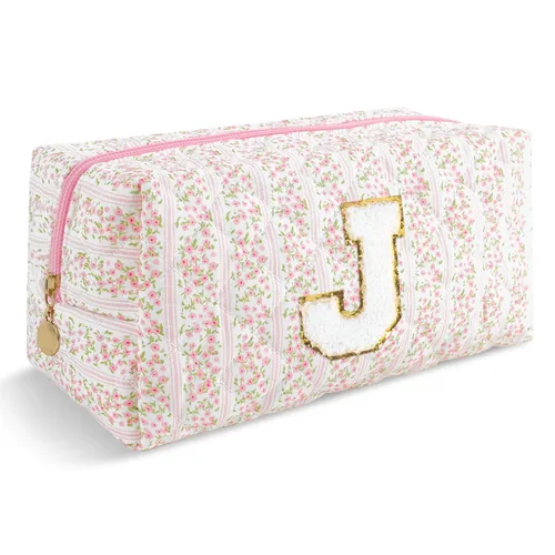 Miniatura 74 de Pequeña bolsa de maquillaje personalizada con inicial A-Z Preppy Patch, bolsa de cosméticos de viaje de felpilla blanca con cremallera, bonita bolsa