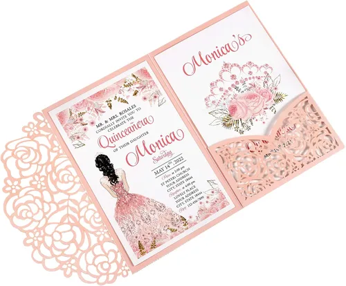 Juego de 50 invitaciones de quinceañera rosa personalizadas de 4.7 x 7 pulgadas, cortadas con láser, tarjetas de invitación de quinceañera con