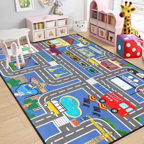 Miniatura 10 de Alfombra de mapa de ruta para niños, alfombras para niños para sala de juegos, alfombras de automóvil para niños, tapetes de juego para piso