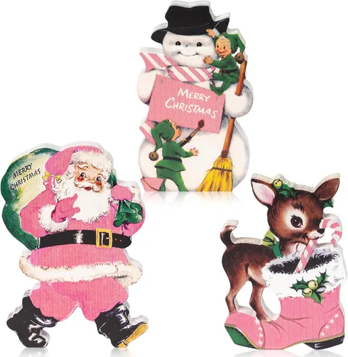 3 piezas de decoración de centro de mesa de Navidad con tema rosa vintage, señales de decoración de estilo victoriano de Papá Noel, alce y muñeco de