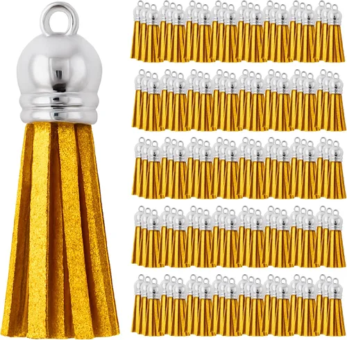 Miniatura 29 de Mandala Crafts 100 borlas de gamuza sintética color aguamarina con tapa dorada, suministros para hacer llaveros a granel, pequeñas borlas de cuero
