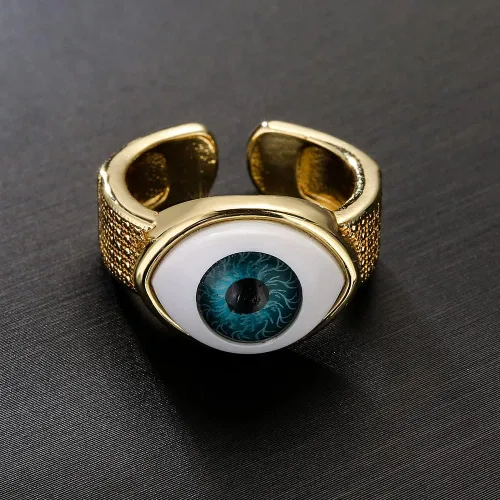 Miniatura 3 de Anillo de dedo chapado en oro de 18 quilates 3D con dije de mal de ojo para mujeres y hombres ajustable, resina, Acrílico