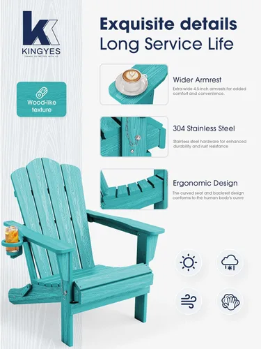 Miniatura 4 de KINGYES Silla plegable Adirondack, sillas de patio HDPE para todo clima, silla de césped con textura de madera para junto a la piscina, patio Aruba