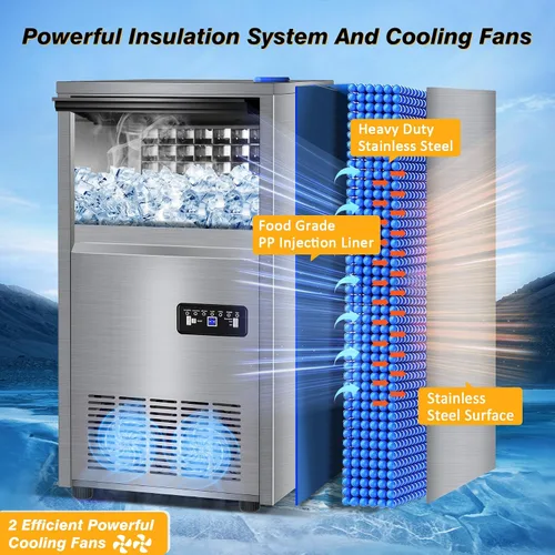 Miniatura 5 de Máquina comercial para hacer hielo con 2 opciones de entrada de agua, contenedor de almacenamiento de 40 libras, máquina de hielo integrada de 140