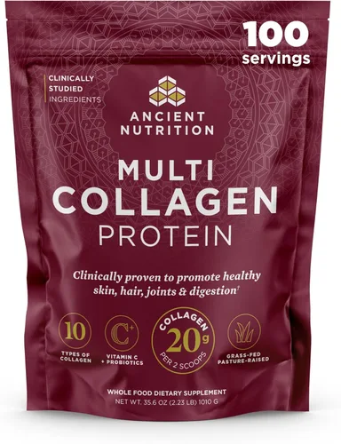 Ancient Nutrition - Péptidos de colágeno en polvo, proteína multi-colágeno, para mujeres y hombres, con vitamina C, probióticos, colágeno