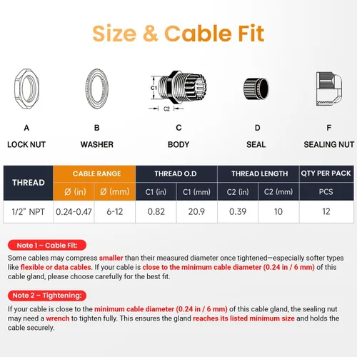 Miniatura 5 de QILIPSU Prensaestopas de nailon NPT de 1/2, impermeable, IP68 ajustable, para cable de 0.236-0.472 in de diámetro (1/2 NPT, 12 unidades)