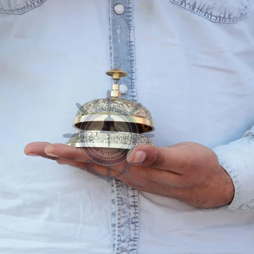 Miniatura 9 de Campana de escritorio clásica de latón macizo con obra de arte tradicional Campana de oficina de escritorio ruidosa Nagina International