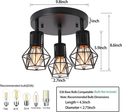 Miniatura 8 de Lámpara de techo de montaje empotrado de 3 luces, lámpara de techo industrial para cocina, E26, color negro, para comedor, pasillo, entrada