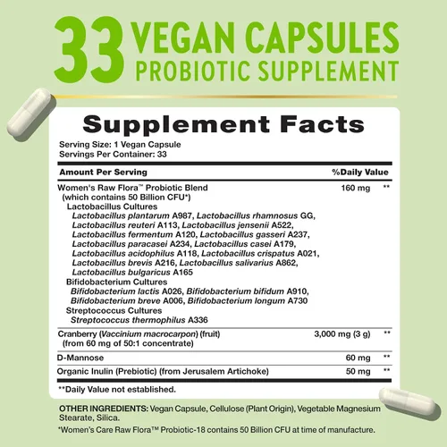 Miniatura 2 de Raw Flora Probióticos para mujeres 50 mil millones de UFC 33 cápsulas con arándano y D-manosa Suplemento vegano, sin OMG y sin gluten