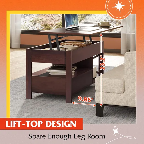 Miniatura 4 de WLIVE Mesa auxiliar elevable, mesa auxiliar de 39 pulgadas con cajones de almacenamiento, compartimento oculto, mesa central de madera para sala