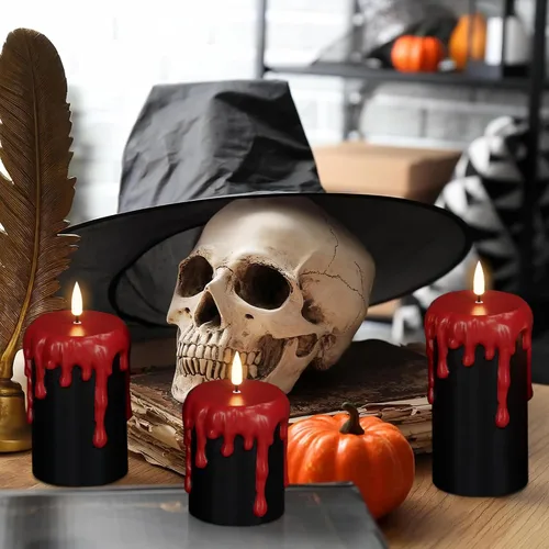 Miniatura 3 de Wondise Velas de Halloween sin llama con temporizador de 6 horas, velas LED negras de cera real que gotean a pilas, mecha 3D, parpadeante