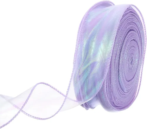 Miniatura 46 de MECCANIXITY - Cinta de organza con cable de 1 1/2" de ancho, brillante, transparente, con brillo irisado en tonos pastel, cinta de gasa para Beige