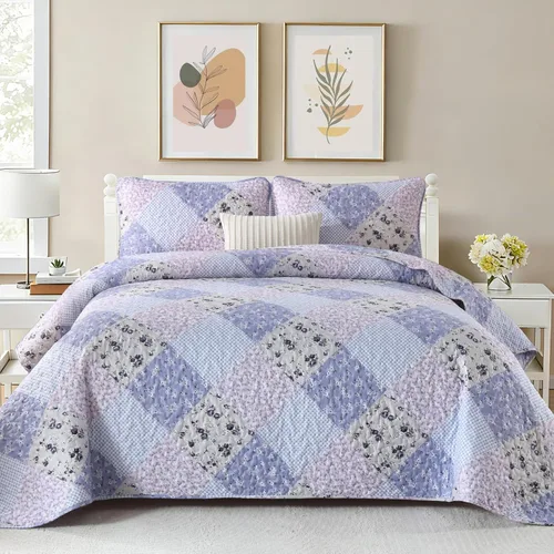 Miniatura 9 de Dinjoy Juego de edredón floral a cuadros de retazos tamaño California King, juego de ropa de cama reversible marrón de microfibra suave, colcha